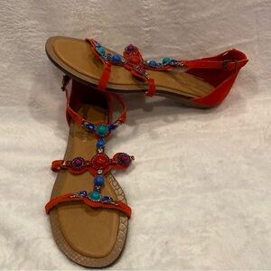 Gianni Bini Jasmine Beaded Detail Coral Flat Leather Sandals Shoes Size 8.5 EUC